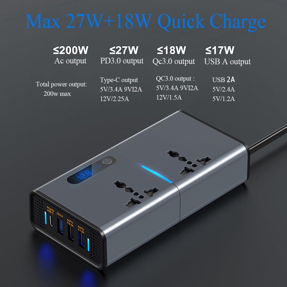 Car Power Inverter, DC 12/24V to 220V AC Car Inverter